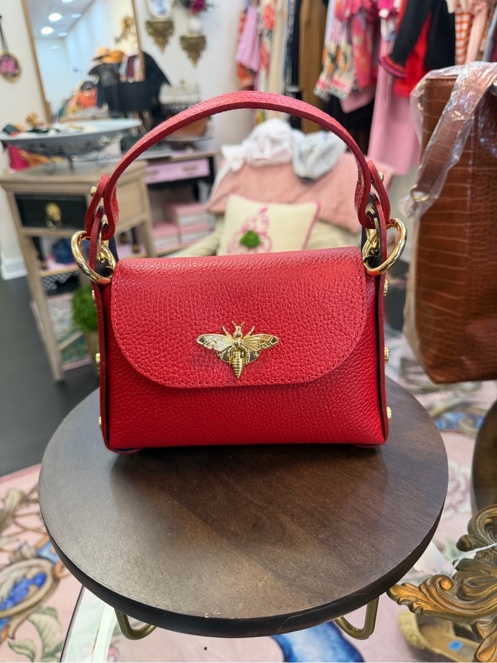 Red Women's Top-Handle Bag with Gold Bee Accent